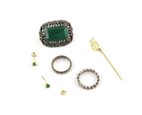 A selection of mainly costume jewellery including a pair of emerald stud earrings in stamped 18 ct, a paste ring stamped 9 ct