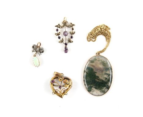 Four antique pendants, including an oval moss agate pendant on a fine curb link chain, an Edwardian amethyst seed pearl penda