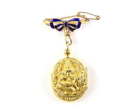 Gold locket, depicting Manasa Devi hindu goddess of snakes, sitting on a Swan standing on a cobra, with one internal glazed p