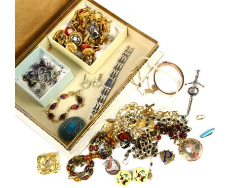 Selection of silver and costume jewellery including two silver necklaces, a silver marcasite brooch and a pair of silver knot