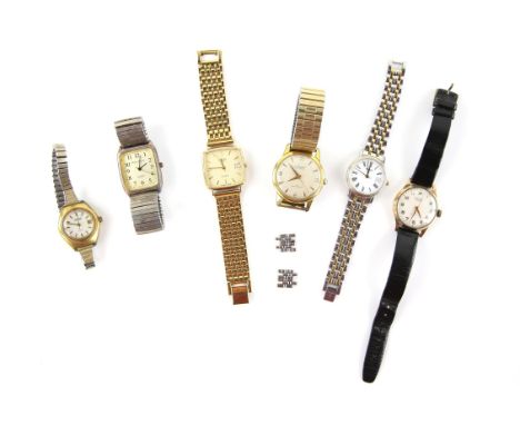 A group of Ladies and Gentlemans watches comprising a Ladies Majex wristwatch in yellow metal case with enamel dial and 17 je