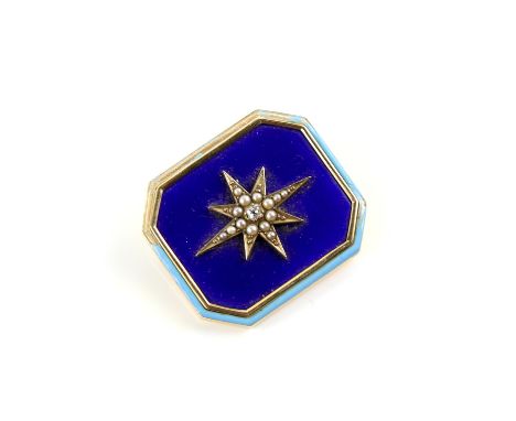 19th C octagonal enamel set panel brooch, with central old cut diamond and seed pearls set in star motif, in royal blue ename