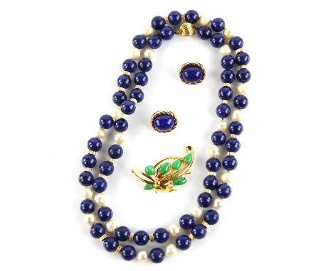 Lapis lazuli, pearl and gold bead necklace, strung without knots, ball clasp stamped 9 ct, 82cm in length, with a matching pa