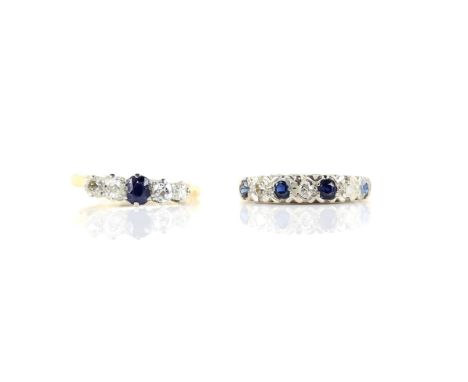 Five stone ring, centrally set round cut sapphire with two graduating old cut diamonds set either side, ring size M and sapph