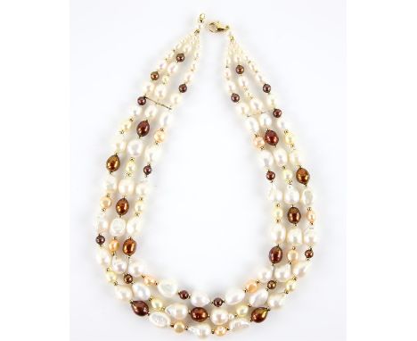Three row baroque pearl necklace, with white, cream, peach and brown coloured pearls, alternately set with gold beads and two