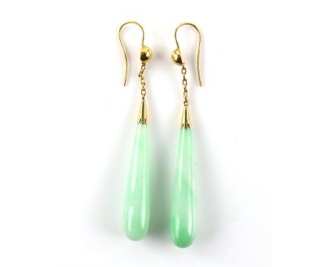 A pair of jadeite jade drop earrings, with a chain Link and hook fittings stamped 18 ct, one earring measures 7 x 0.7cmCondit