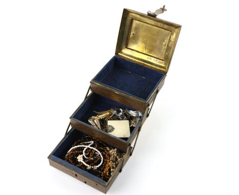 Ornate metal layered jewellery box, containing a ladies wristwatch, enamel detail on 18 ct yellow gold case, a five row fresh