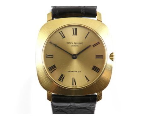 Patek Philippe, A gentleman's reference 3543, 18 ct gold manual wind cushion form wristwatch, the signed sunburst  champagne 