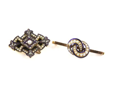 Antique rose cut diamond, pearl and enamel brooch, with fleur-de-lis decoration, with a later back panel pin and clasp fittin
