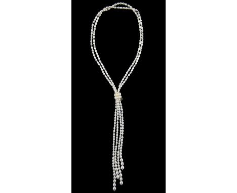 Iridesse multi strand cultured freshwater pearl lariat necklace, graduated oval white pearl, largest pearl 8 x 7.5mm, strung 