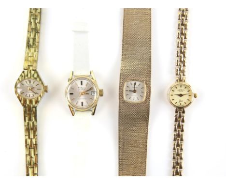 A group of watches, including a ladies Tissot gold Stylist watch, signed white enamel dial with baton hour markers, fitted wi