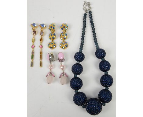 Large bag of costume jewellery, including a pair of rose quartz clip on earrings by Philippe Ferrandis, some other similar by