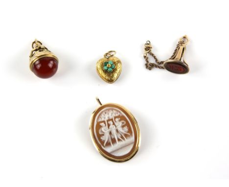 Victorian turquoise set heart pendant, with glazed panel to the reverse, in 18 ct yellow, 2.1 x 1.9cm, with a carnelian fob e