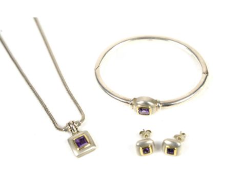 Links of London matching amethyst jewellery set, including an oval hinged bangle, a square pendant and snake chain, 40cm in l