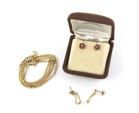 A pair of floral ruby and diamond set earrings, with post and butterfly fittings, with a flat curb link chain, 51cm in length