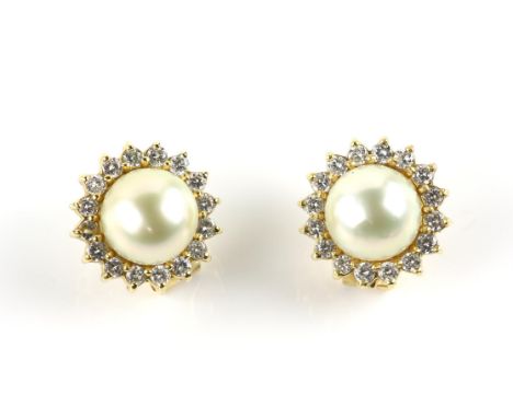 Cultured pearl and diamond earrings, 11.5mm pearls, each surrounded by sixteen round brilliant cut diamonds, mounted in stamp