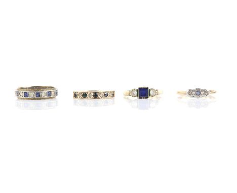 Four rings, one half eternity, alternately set with round cut sapphires and diamonds, ring size N, another three stone sapphi