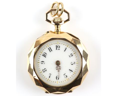 A ladies gold fob watch, circular white enamel dial, with Arabic numerals, outer diamond shape designed gold case and engrave