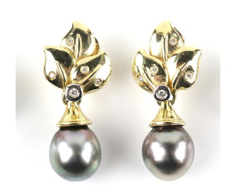 A pair of Tahitian pearl and diamond drop earrings, 12.45mm Tahitian pearls, suspended from a gold leaf, rub-over set with fi