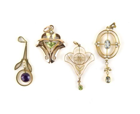 Four Edwardian pendants, one set with two oval aquamarines and seed pearls, 5 x 2cm, another set with a round cut amethyst an