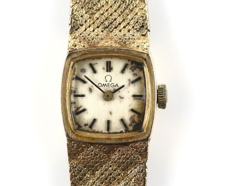 Omega, a ladies wristwatch, cushion shaped dial with baton hour markers, powered by an Omega 17 jewelled manual wind movement