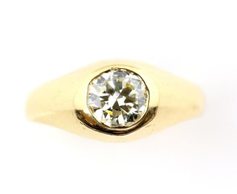 Transitional cut diamond ring, estimated weight 1.35 carats, rubover set in a wide tapering shank, hallmarked 18 ct, London, 