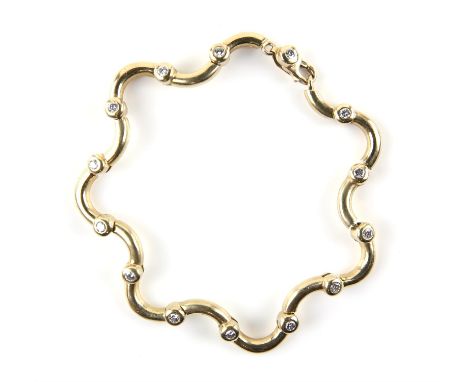 Diamond wave bracelet, designed as curved links, separated by bezel set round brilliant cut diamonds, weighing an estimated t