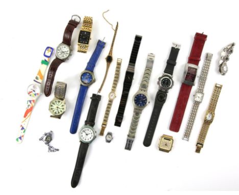 A large group of watches, including two Euro Tunnel Swatch watches one with original box and cat and mouse watch in original 
