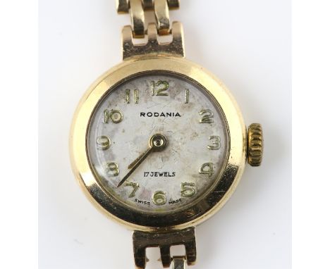 Rodania, A ladies wristwatch, in circular gold case the signed silvered dial with Arabic numeral hour markers, fitted with a 