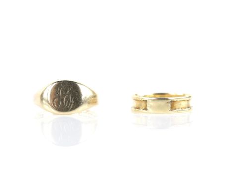 1920's signet ring, in 9 ct, hallmarked Birmingham 1927, ring size P and a Victorian mourning ring with channel for hair work