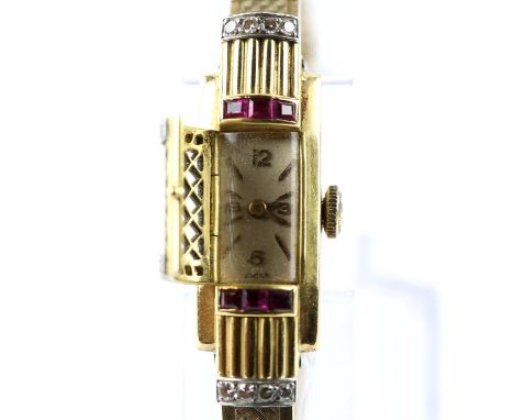 Ladies dress watch, rectangular dial with Arabic numerals and baton hour markers, 17 Jewel Swiss mechanical movement, ruby an