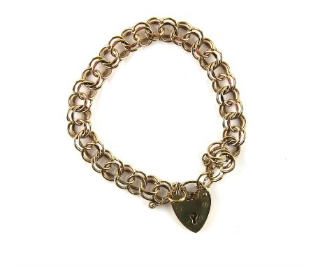 1970's gold double link bracelet, with heart padlock clasp and safety chain, in 9 ct hallmarked London 1976, 17cm in length C