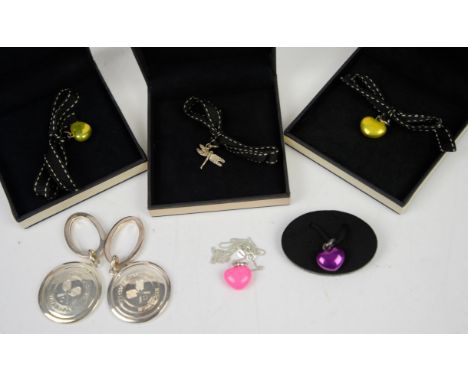 Links of London Jewellery, including a pink enamel heart charm on a silver chain, two yellow enamel hearts charms, a purple e