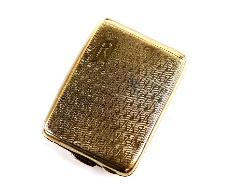 1920's gold cigarette case, engine turned design with cartouche engraved R, push button opener, inside case hallmarked 9 ct, 
