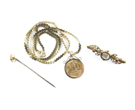 Edward VII half sovereign, dated 1910, in a gold pendant, gold mount, hallmarked Birmingham 1977, on a fancy chain, a pearl, 