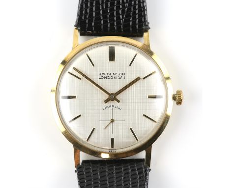 J W Benson, a gentleman's gold wristwatch, the silvered signed dial with baton hour markers and subsidiary seconds dial, fitt