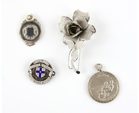 Collection of costume jewellery, including a plain medal, enamel brooch for 'Wokingham County Technical & Secondary School', 