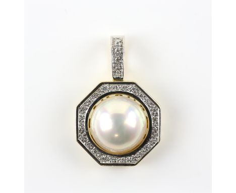 Mabe pearl and diamond pendant,13.5mm mabe pearl, with a round brilliant cut diamond, hexagonal shaped border, and diamond se