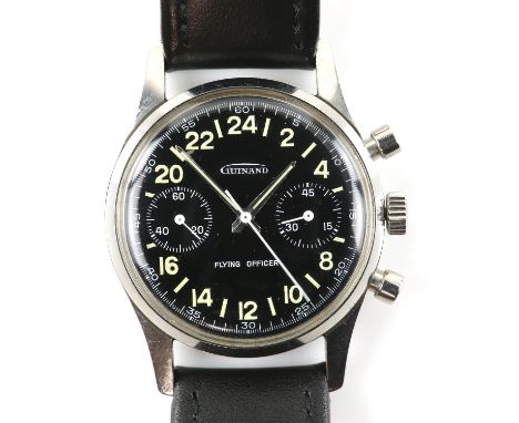AMENDED ESTIMATE Guinand A Gentlemans stainless steel Flying officer 24H chronograph wristwatch, the black signed dial lumino