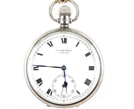 J.W. Benson London, a silver open face pocket watch the signed white enamel dial with Roman numeral hour markers, within an o