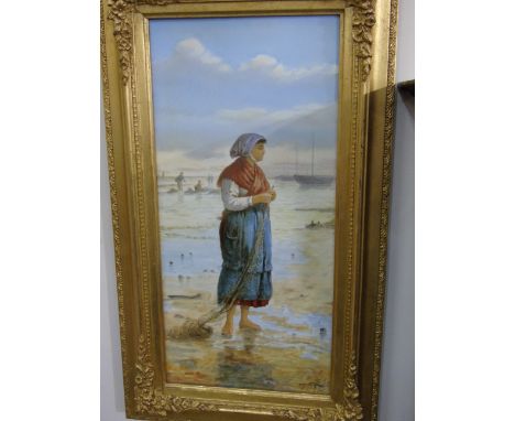 A Pair Of Oils on Ceramic Panels Fisherwoman & Mending the Nets Signed with a monogram VJ. Gilt framed, each 38 x 17.5 cm app