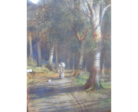 Watercolour by R. Erskine Fraser Lady & Dog Walking Along a Country Lane 74 x 49cm. With gilt frame & slip