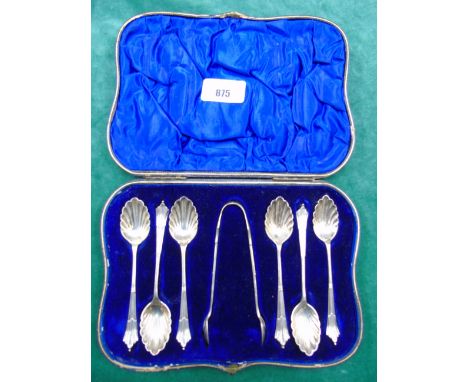 Silver: A Late Victorian Case Set of Six Silver Albany Pattern Teaspoons and Matching Sugar Tongs, maker William Hutton & Son