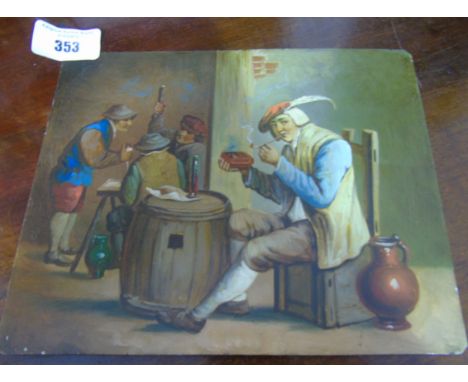 An Oil on Tin Continental gentleman Smoking a Pipe with Three Figures Behind. 17 x 20.5cm