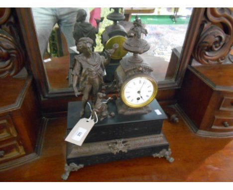 19th Century French Black Slate and Bronzed Spelter Cased Mantel Clock, the case surmounted with a figure of a young boy with