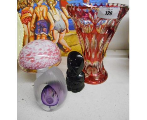 A Flared Ruby Flashed Vase, along with a Wedgwood Glass Mushroom, a Paperweight & Glass Figure (4)