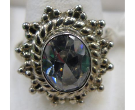 A Silver Aquamarine Set Cluster Ring. Size R.