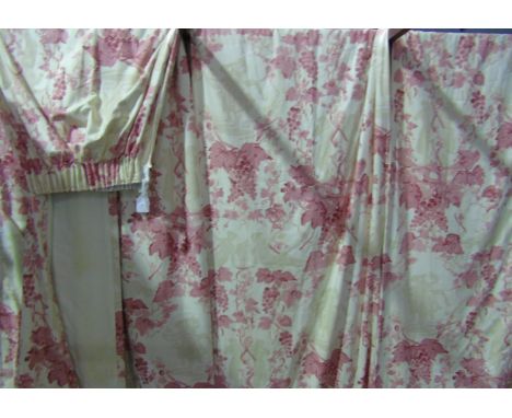 Two Pairs of Curtains, pink overall decoration on cream ground. length 8'