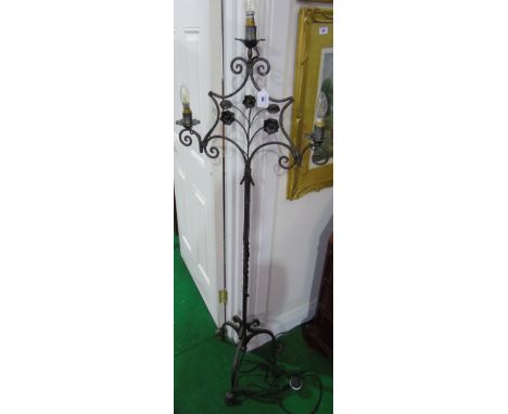 A Wrought Iron Three Sconce Electrified Standard Lamp