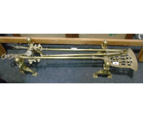 Three Heavy Brass Fire Tools, together with a pair of fire-dogs